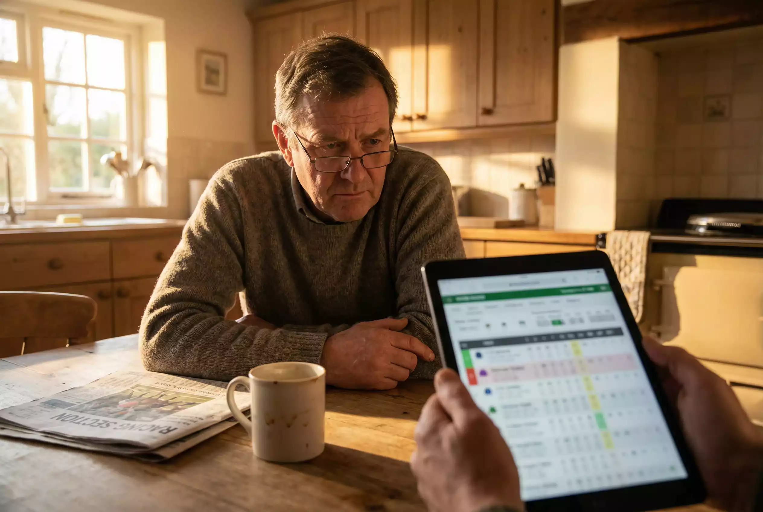 Punter checking morning horse racing odds on a tablet with coffee in hand