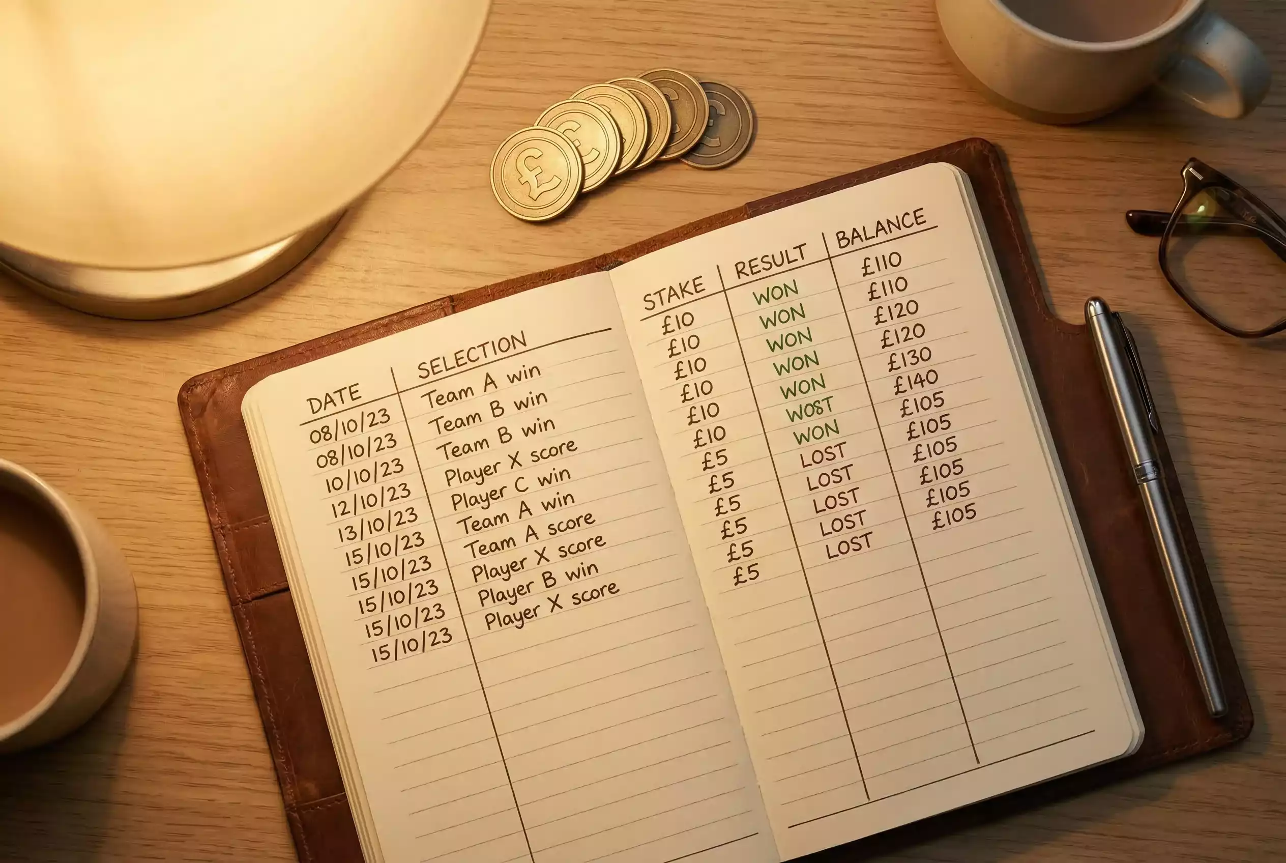 Organised notebook with betting records and pen on desk showing disciplined approach