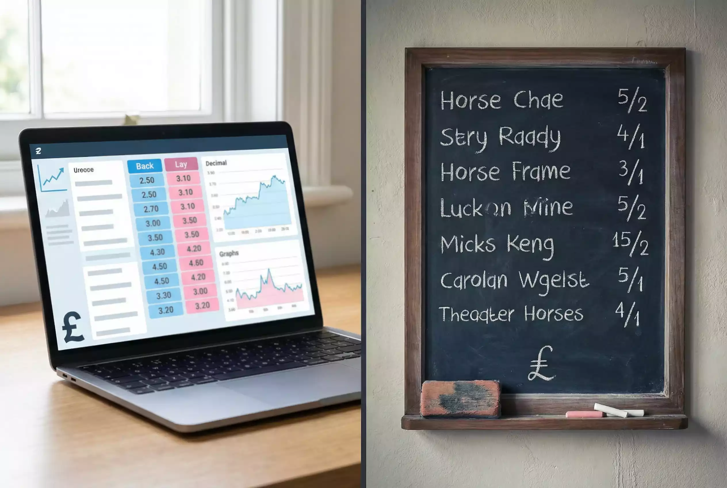 Split image showing betting exchange screen on laptop and traditional bookmaker odds board