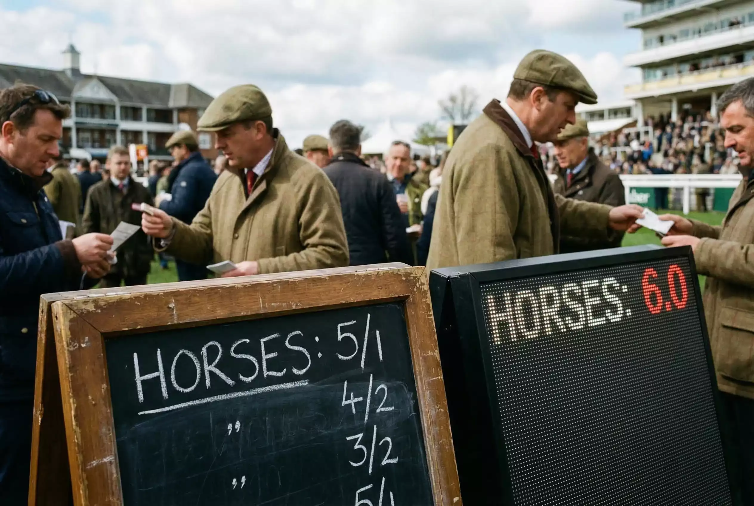Racecourse odds board showing fractional prices next to digital display with decimal odds