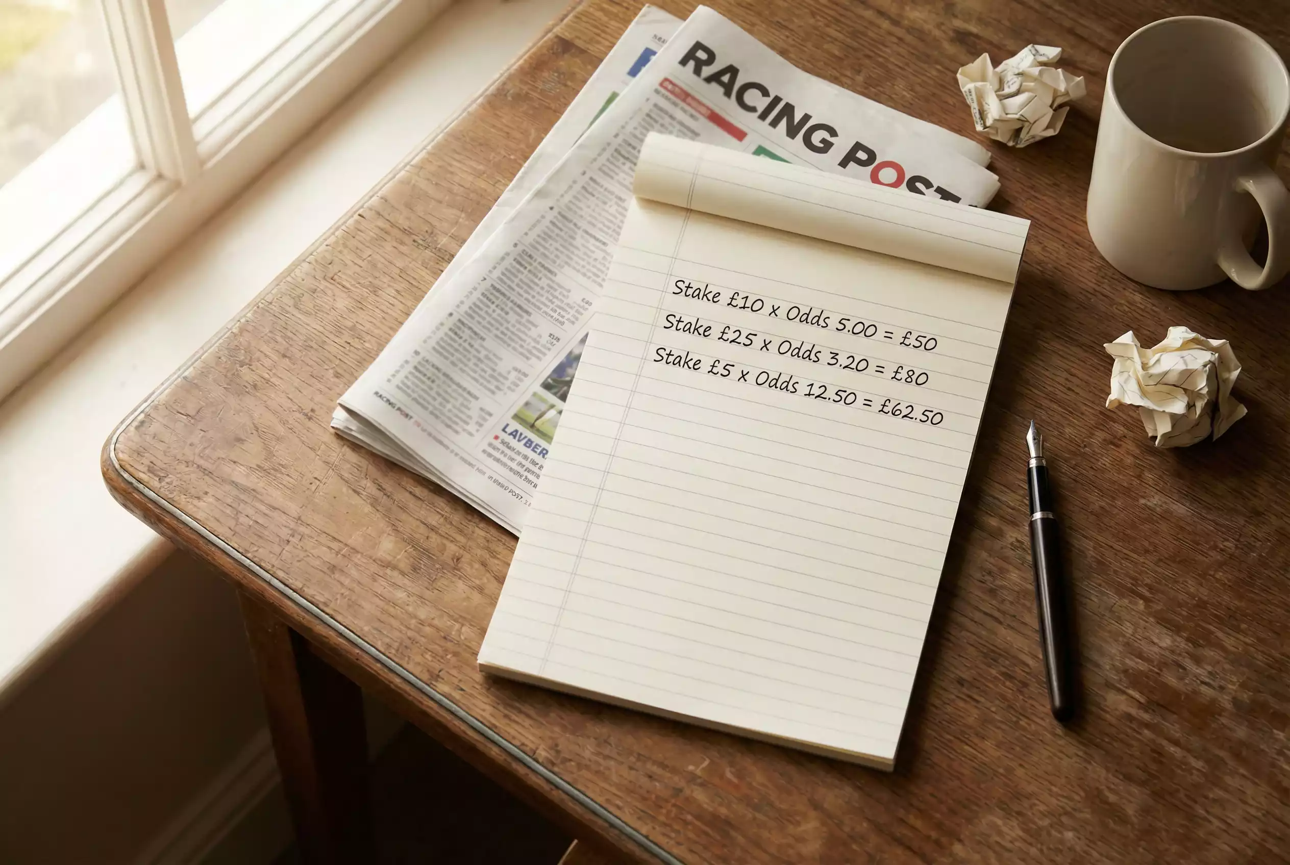 Notepad with betting calculations and pen beside racing form newspaper