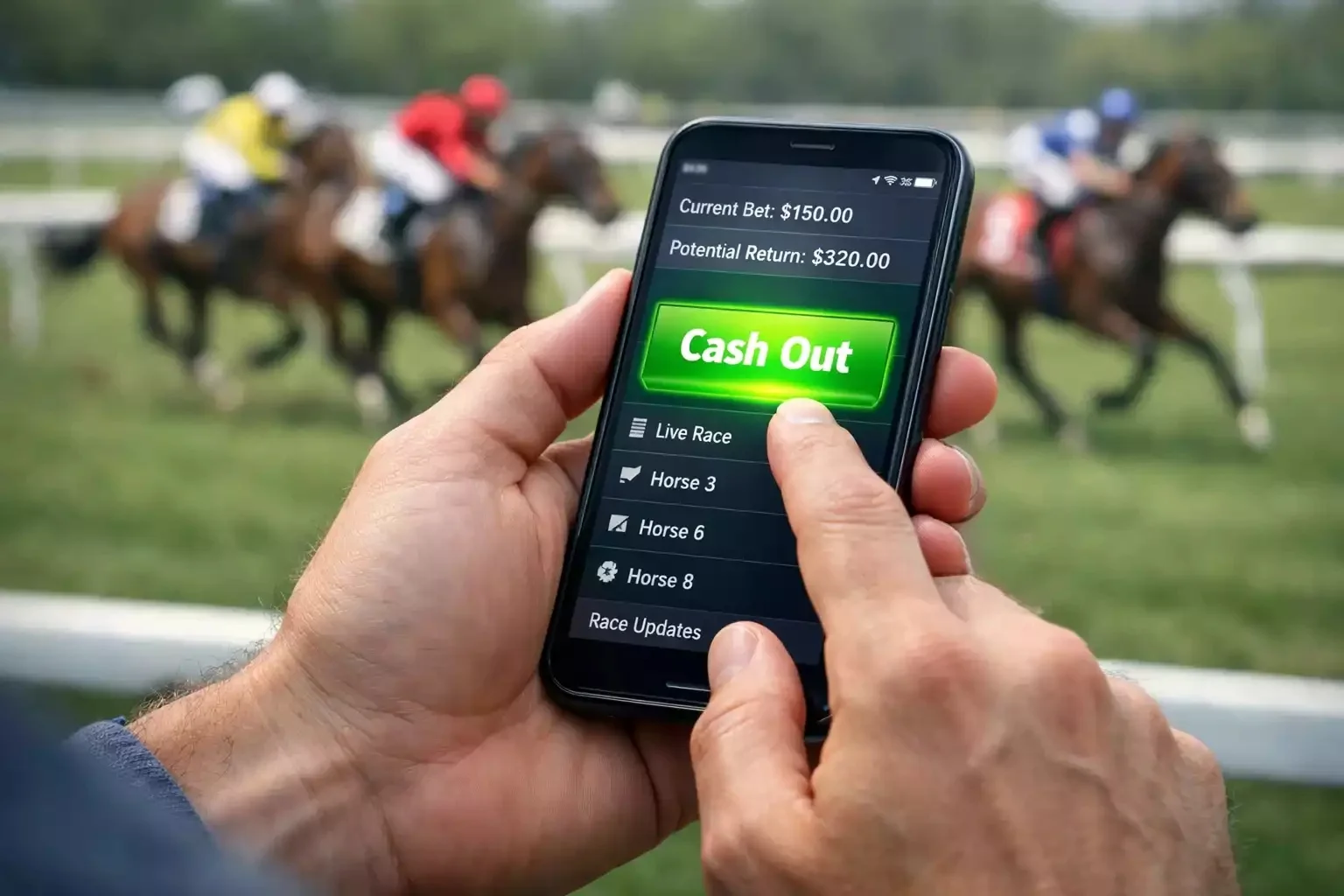 Person holding smartphone showing betting app with cash out button during horse race
