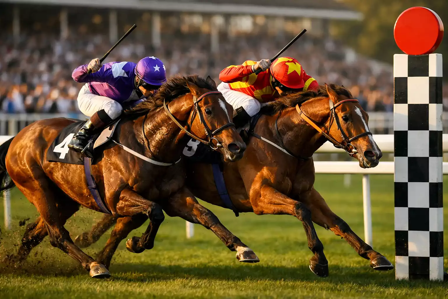 Two racehorses crossing the finish line together at a British racecourse
