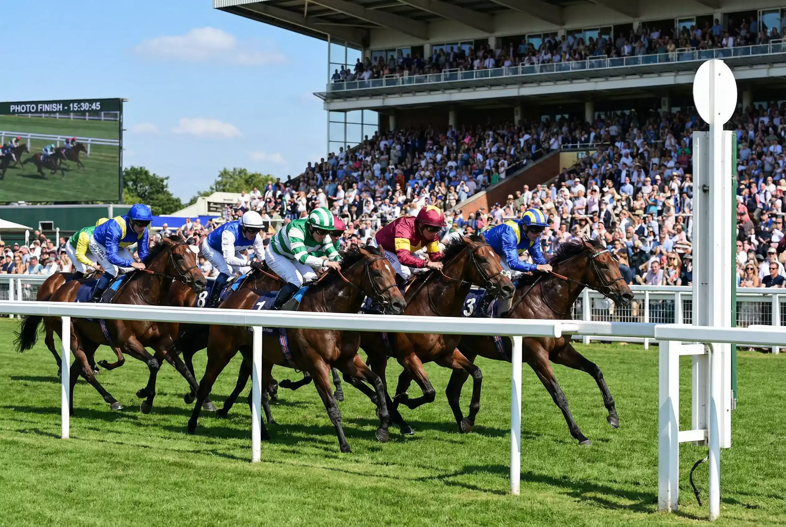 Horse racing finish line with multiple horses placing in a large-field handicap race