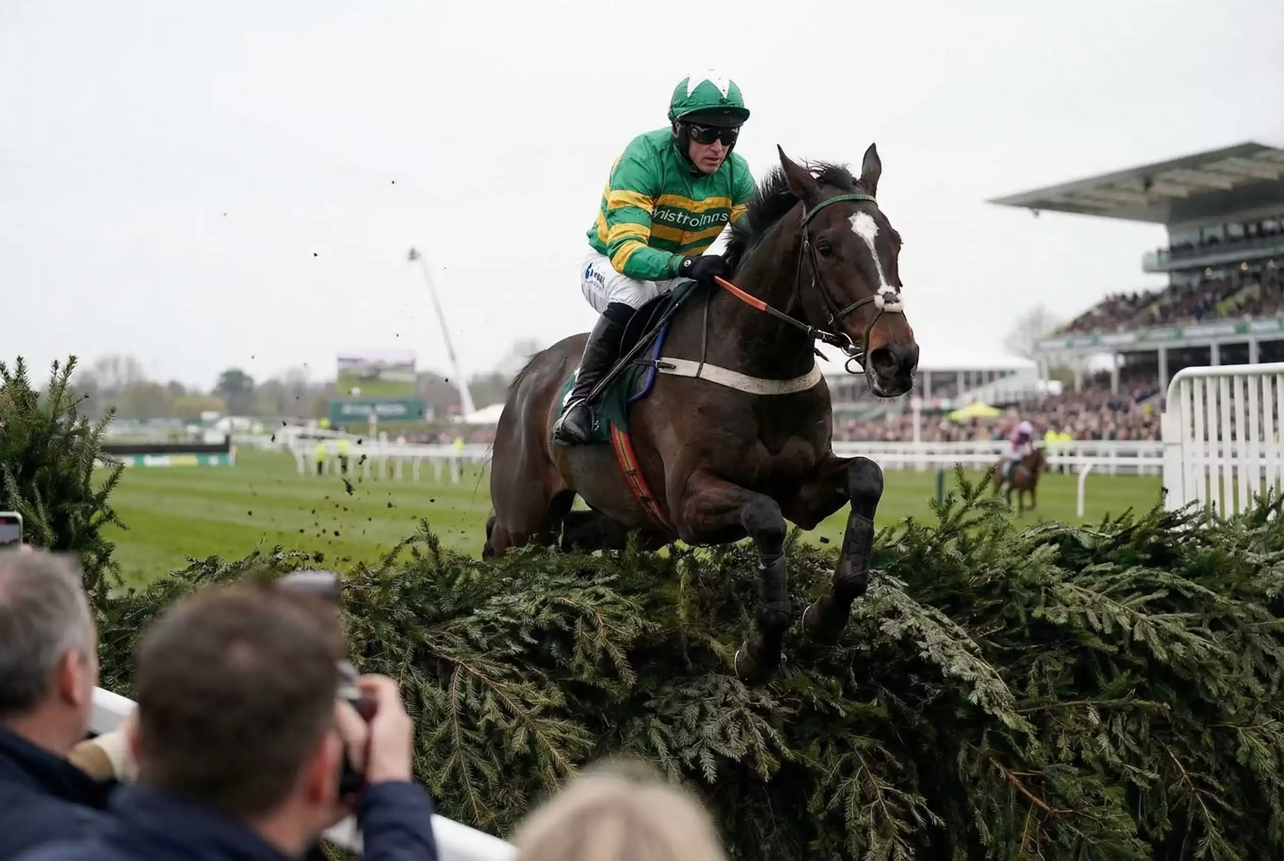 Horse and jockey clearing a National Hunt steeplechase fence at Aintree