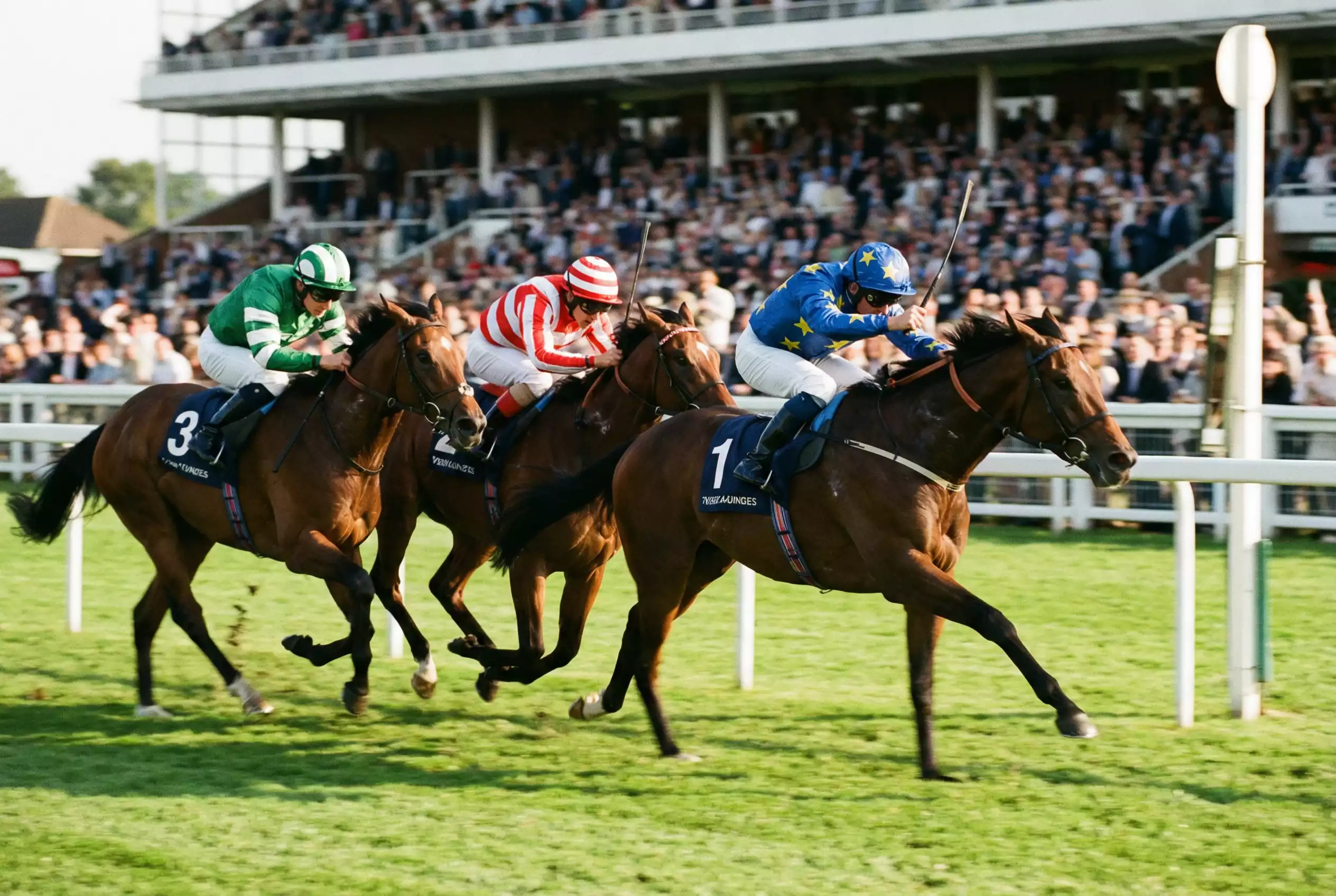 Three horses racing towards the finish line in tight formation