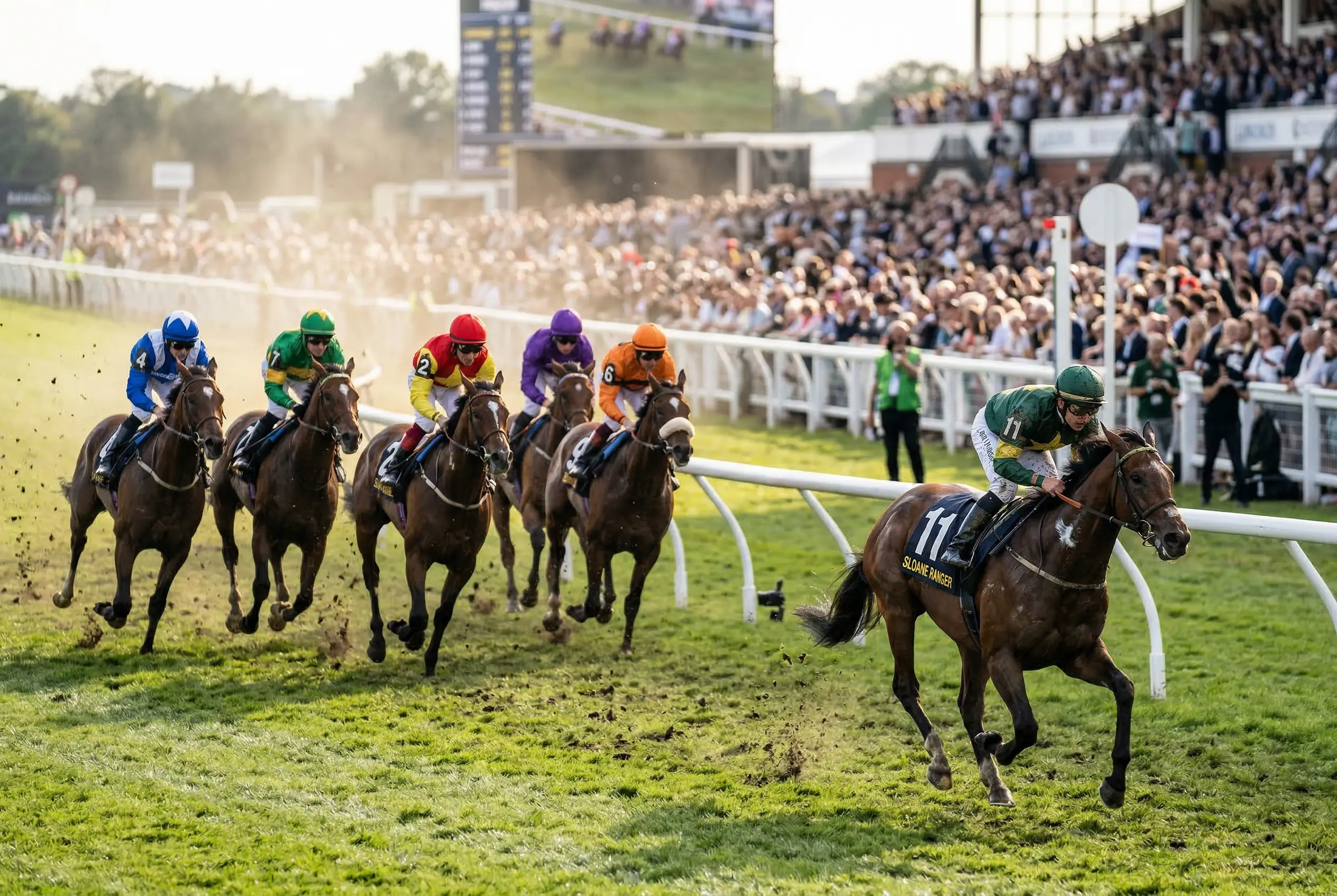 Horse racing finish line with one horse clearly behind the pack illustrating lay bet concept