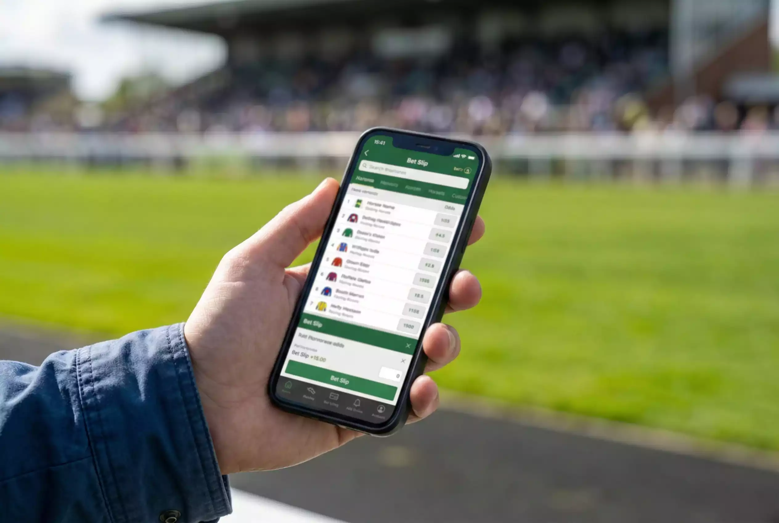 Smartphone displaying horse racing betting app with race card and betslip