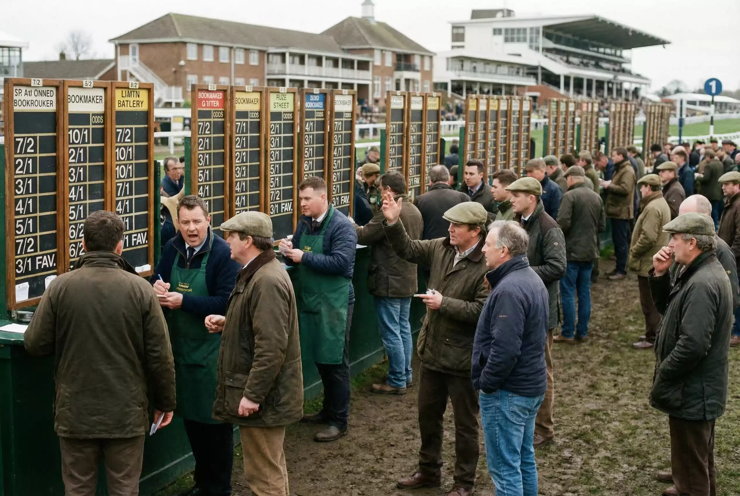 Bookmaker odds board at British racecourse with punters studying prices