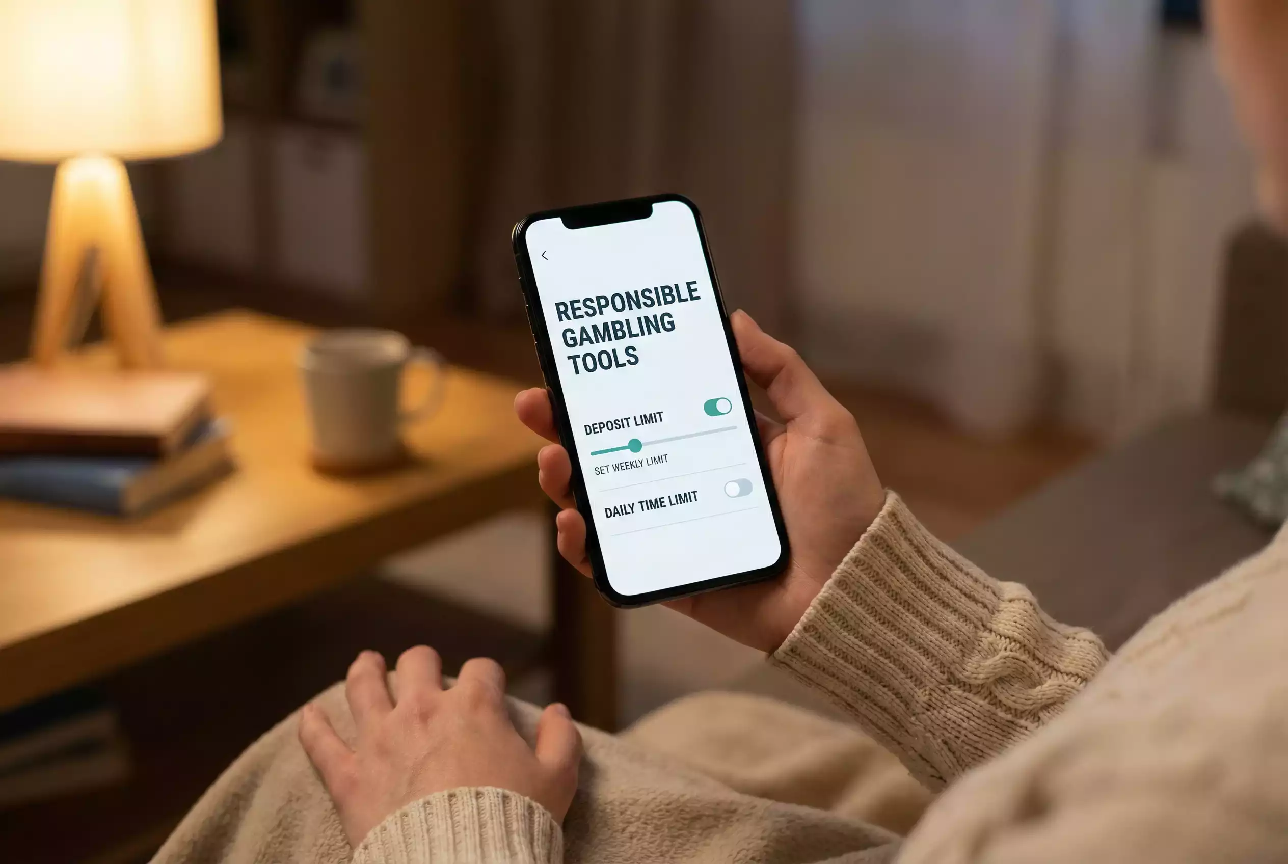 Person setting betting limits on smartphone app showing responsible gambling tools