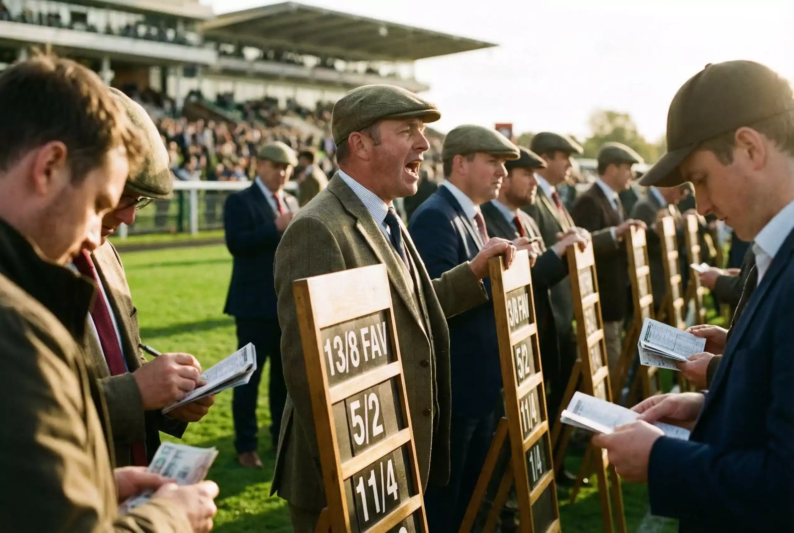 On-course bookmakers displaying odds boards at a British racecourse before the race start