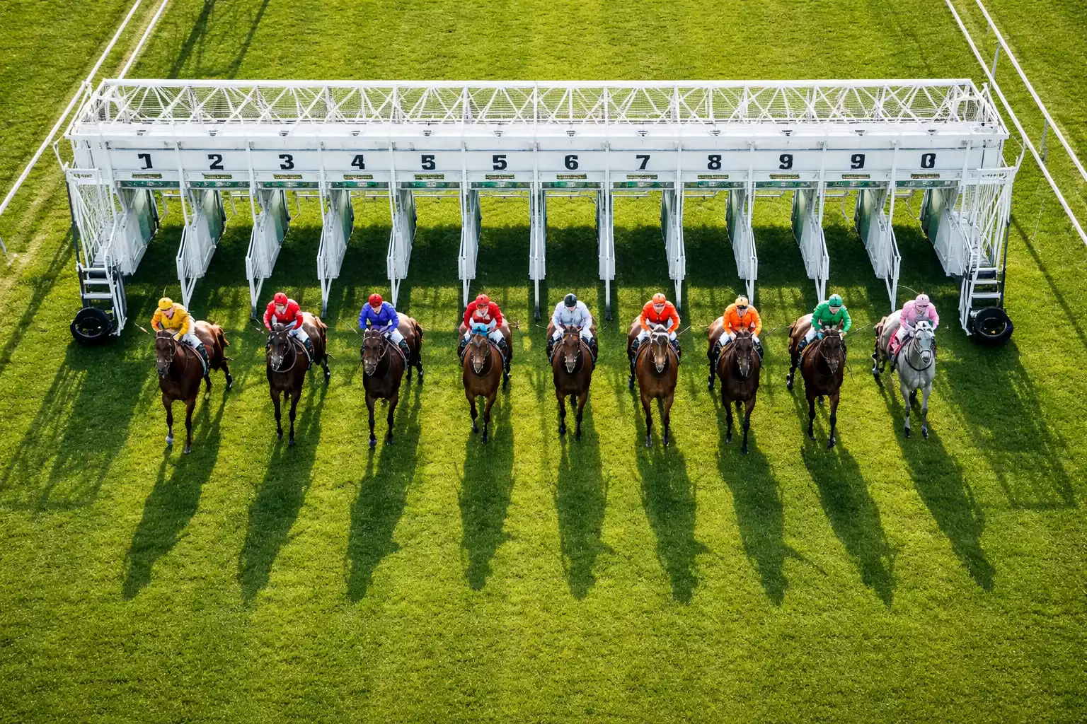Aerial view of nine horses lined up at starting stalls on British turf